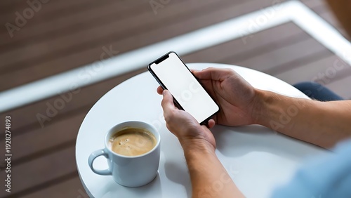 Person holding smartphone with coffee cup on white table in modern cafe setting