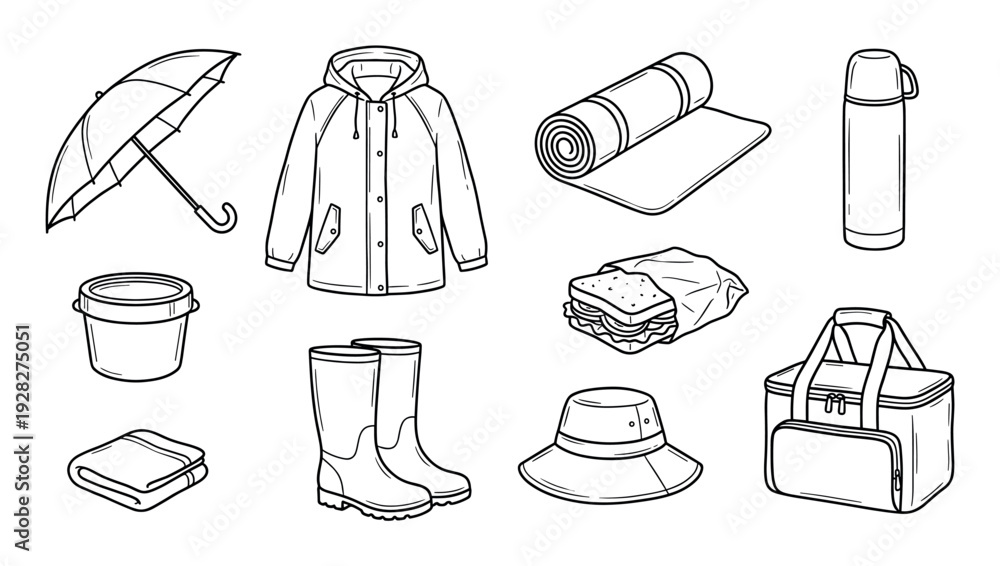 Obraz premium Set of black and white line art illustrations showing outdoor gear for camping, hiking, and picnics, including a raincoat, umbrella, boots, thermos, and cooler bag