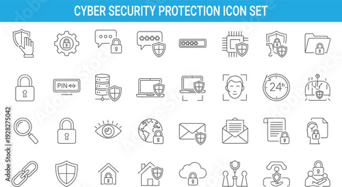 Cyber security protection icon set, data privacy shield, password lock, secure login, cloud safety, digital protection vector symbols pack