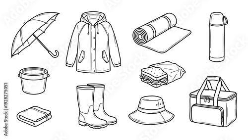 Set of black and white line art illustrations showing outdoor gear for camping, hiking, and picnics, including a raincoat, umbrella, boots, thermos, and cooler bag