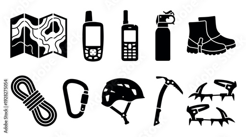 Set of black mountaineering equipment icons showing essential climbing and hiking gear like a map, GPS, rope, carabiner, helmet, ice axe, and crampons for outdoor adventure