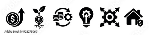Set of black business and finance icons for concepts including investment growth, capital management, financial innovation, business expansion, and real estate security