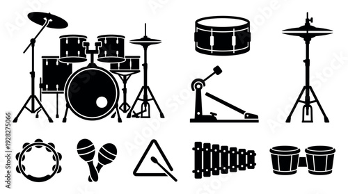 Collection of black percussion instrument silhouettes including a drum kit, snare, cymbals, maracas, tambourine, xylophone, and bongos in a simple graphic icon set