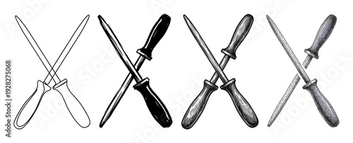 Four sets of crossed honing steels illustrated in various artistic styles including line art, silhouette, engraving, and stippling for kitchen or butchery concepts