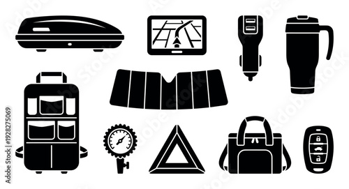 Collection of black car accessory icons for road trips and automobile travel, featuring a cargo box, navigator, sunshade, key fob, and travel mug in a flat glyph style