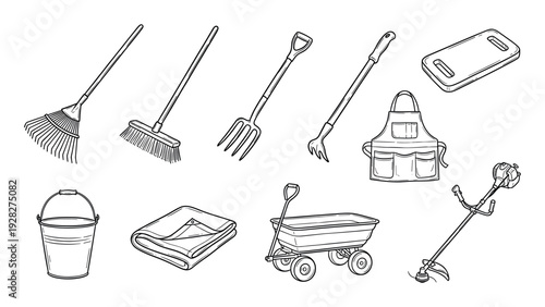 Set of hand-drawn gardening equipment including a rake, broom, pitchfork, wagon, and trimmer, illustrated in a clean black and white line art style for yard work concepts