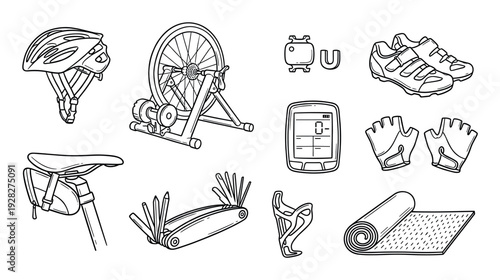 Hand-drawn set of cycling training equipment including a helmet, turbo trainer, shoes, gloves, and multi-tool in a black and white line art illustration style for fitness