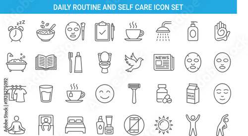 Daily routine and self care icon set, healthy lifestyle symbols, morning habits, hygiene, wellness, productivity vector illustration collection pack