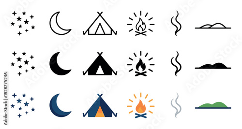 Collection of camping and nature icons showing stars, moon, tent, campfire, smoke, and hills in three different styles: line art, solid black silhouette, and color