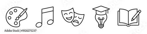 Set of black line art icons representing arts and education subjects including painting, music, theatre, knowledge, and writing in a clean minimalist style