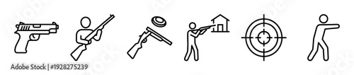 Set of black line icons representing shooting sports and firearm activities, including a pistol, rifle, clay pigeon shooting, a target, and a person aiming a weapon
