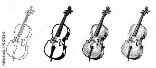 Four cello musical instrument illustrations in various artistic styles, including line art, silhouette, vintage engraving with hatching, and modern stippling dotwork