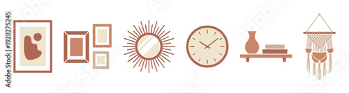 Set of bohemian style home decor elements featuring frames, a sunburst mirror, clock, shelf with a vase, and a macrame wall hanging in a warm, earthy color palette