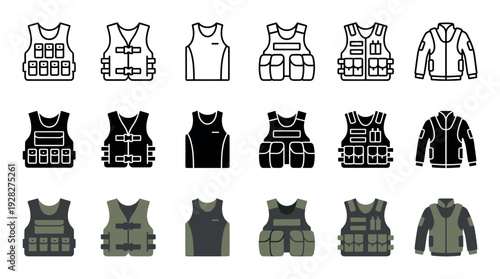 Collection of bulletproof vest and body armor icons featuring various tactical gear designs presented in three distinct styles: line art, solid glyph, and flat color illustration