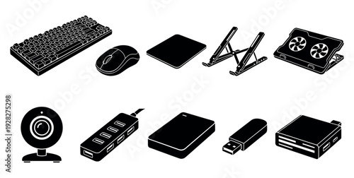 Set of black computer peripherals and accessories including a keyboard, mouse, webcam, laptop stand, and external hard drive in a minimalist glyph style illustration