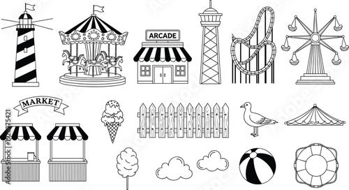 Amusement Park and Boardwalk Carnival Line Art Icons Set with Ferris Wheel Roller Coaster Lighthouse Arcade Market Stall and Summer Elements