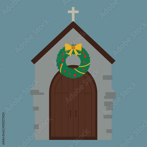 A small, stone-built church with a large wooden door decorated with a festive Christmas wreath and a cross on the roof.
