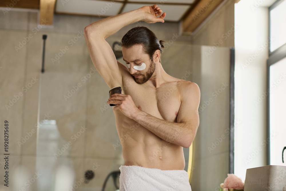 Obraz premium Handsome man enjoying personal grooming time in a stylish and calm bathroom setting