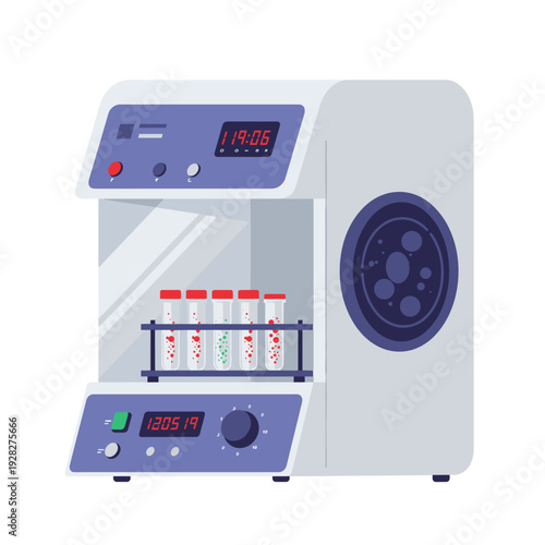 Laboratory equipment for scientific research, featuring a shaker with multiple test tubes containing samples.