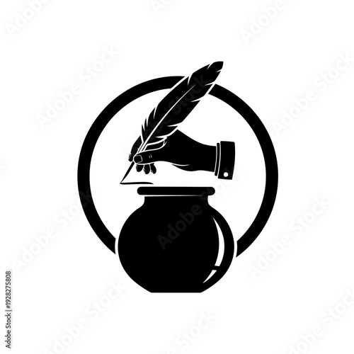 Hand holding quill pen writing in inkwell icon