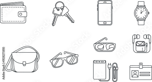 Collection of essential daily carry items depicted as simple line art icons including a wallet keys smartphone watch purse glasses earbuds power bank and identification badge