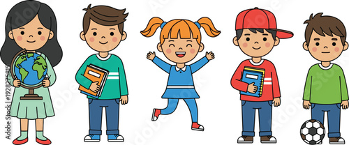 Vector Illustration of Happy Children with Books, Globe, and Soccer Ball in School Clothing