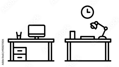 Minimalist line art illustration of home office workspace and study desk setup.