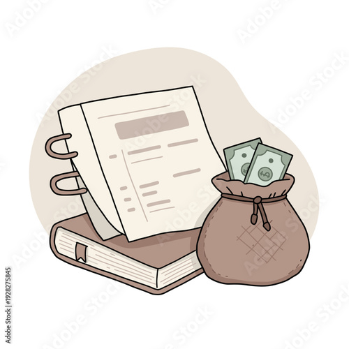 A book, documents, and a money bag filled with cash, symbolizing financial literacy and wealth management.