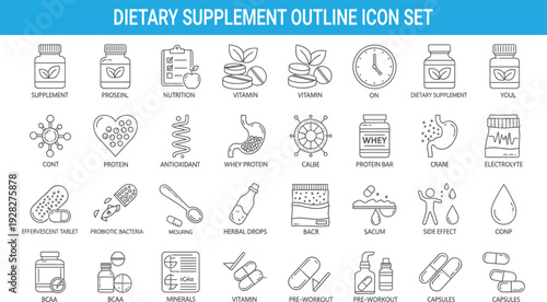 Dietary supplement outline icon set, vitamin protein probiotic antioxidant fitness nutrition healthcare vector symbols collection for wellness branding