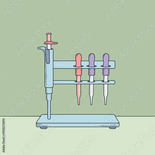 An illustration of laboratory equipment featuring a micropipette and three droppers on a stand against a green background.