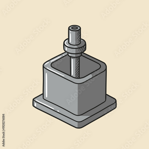 Isometric illustration of a gray mechanical component with a central shaft and a square base, set against a light beige background.