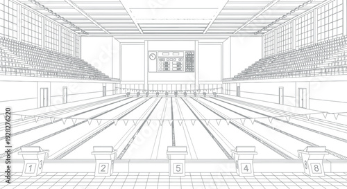Detailed wireframe illustration depicting the interior view of a large competition swimming pool facility ready for an official race with lane dividers and starting blocks clearly visible.