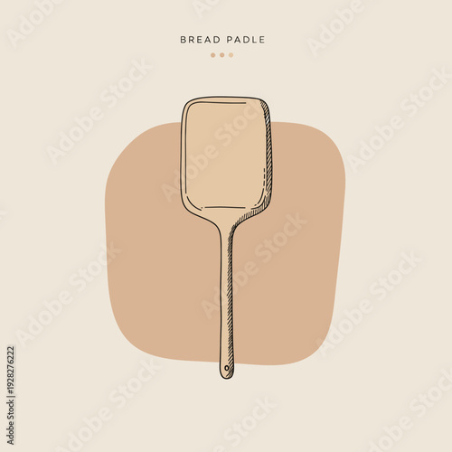 Hand-drawn illustration of a wooden bread paddle or pizza peel, a kitchen utensil for baking bread and pizza, on a minimalist beige background.