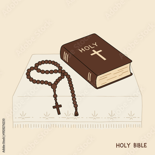A brown holy Bible and rosary beads with a cross lying on a white embroidered cloth, symbolizing faith and prayer.