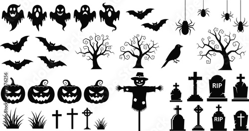 Halloween Silhouette Icon Set with Spooky Ghosts Bats Pumpkins Jack O Lanterns Cemetery Gravestones Scarecrow Spiders and Haunted Trees for Festive Decor