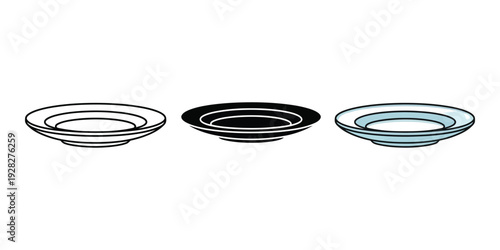 Three empty ceramic bowls in black white and blue on a plain background side by side