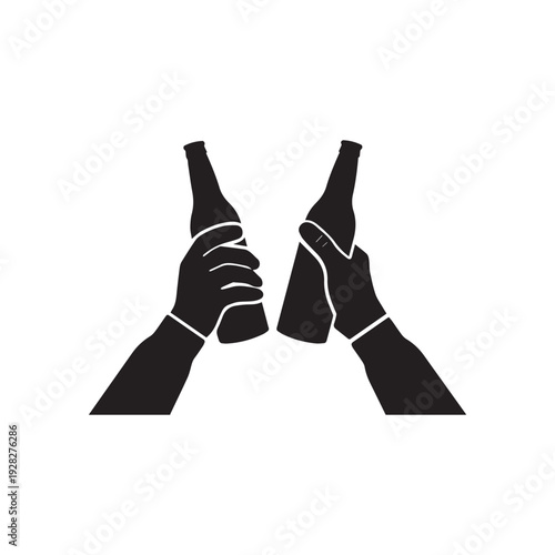 Beer party icon silhouette. Two mans holding in hands beer bottles. Toast. Drinking alcoholic beverages. Friday party. Vector flat design. Isolated on white background. Drinking together pictogram