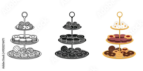 Three tiered dessert stands with assorted sweets on white background for party decor