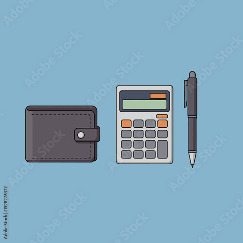 A minimalist illustration of a closed wallet, a calculator, and a pen arranged side-by-side against a solid blue background.