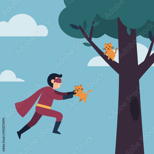 A brave superhero in a red and purple suit with a cape rescues a small orange kitten from a tall tree, with another kitten still perched on a branch.