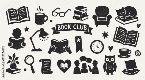 Book club silhouette collection. Black icons set - open book, reading people, stack literature, desk lamp, armchair, cat on novel, coffee cup. Vector linocut style minimalist design elements.