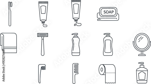 Collection of essential line icons representing various personal hygiene and bathroom care products for daily routine maintenance and cleanliness illustrations