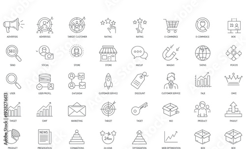Digital marketing line icon set, advertising e commerce seo analytics customer service rating target growth business strategy vector collection