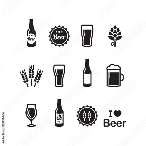 Beer vector icons set - bottle, glass, pint on white background 