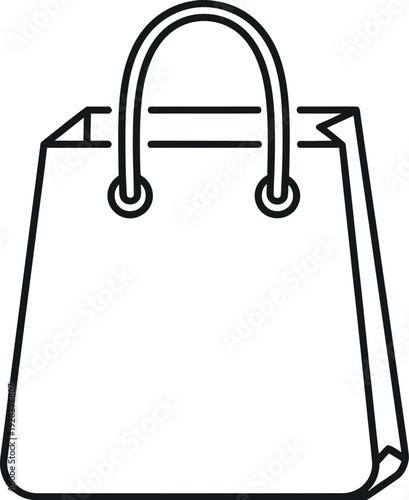 Simple black and white line art icon illustrating a classic shopping bag with sturdy handles perfect for retail design elements or e-commerce graphics.