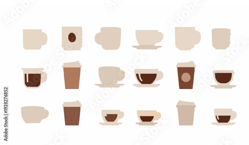 Coffee Cup Icon Set with Tea and Disposable Hot Drink Flat Vector Collection on White Background