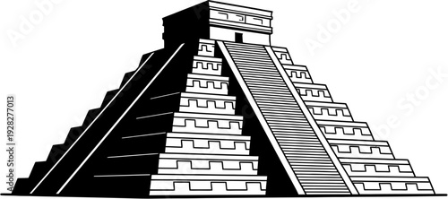 Mayan Pyramid Chichen Itza Temple, Ancient Aztec Step Pyramid Illustration, Mexican Landmark Silhouette, Monochrome Architecture