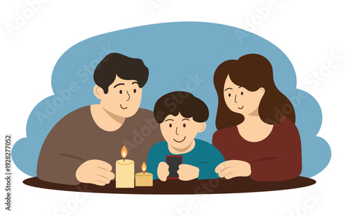 Blackout illustration of family with no light. Family together sitting behind the table with candles.
