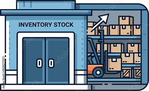 Minimalist illustration depicting a functioning inventory stock warehouse facility with a forklift actively moving stacked cardboard boxes onto high storage shelving units symbolizing growth.