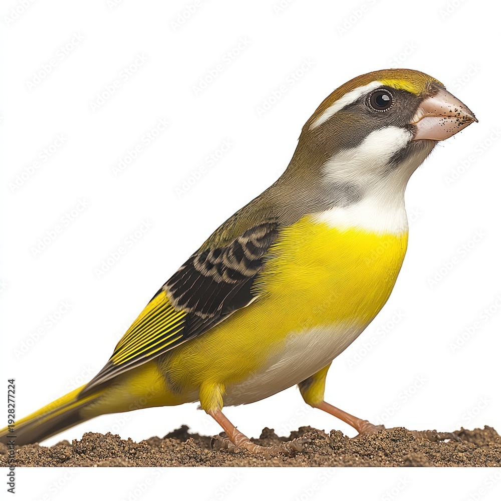 Obraz premium A colorful yellow and black bird explores the earthy ground in natural light